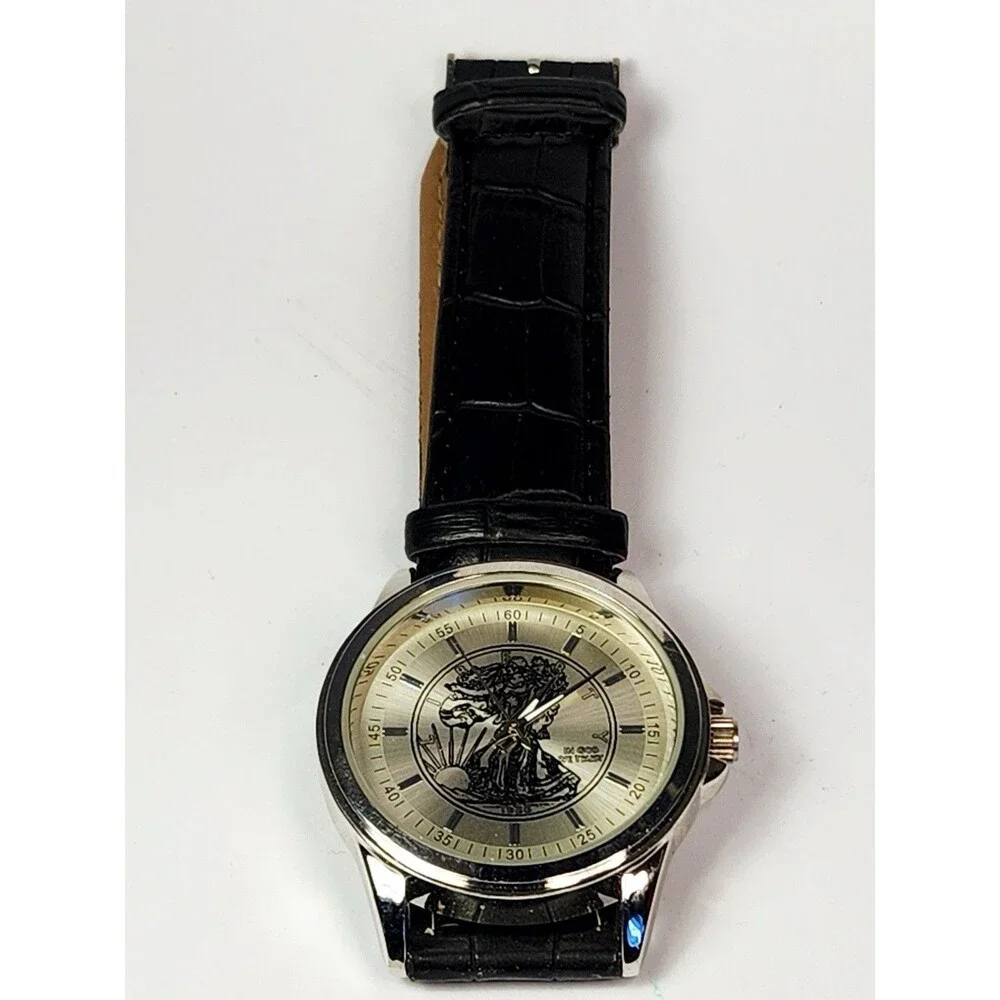 Vintage New American Eagle Lady Liberty Watch Black Leather Band New Battery